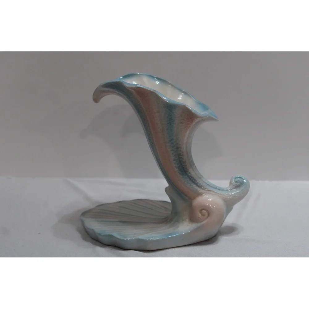 Vintage Blue Pink Ceramic Cornucopia Shell Vase Scalloped Coastal Decor
